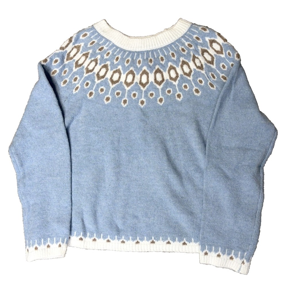 Womens Blue White Brown Fair Isle Knit Pullover Sweater Size Medium